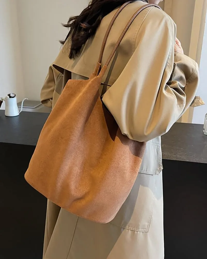 Womens Soft Suede Tote Bag Faux Leather Handbag Large Vintage Top Handle Bag Bucket Shoulder Satchel 2pcs Purse