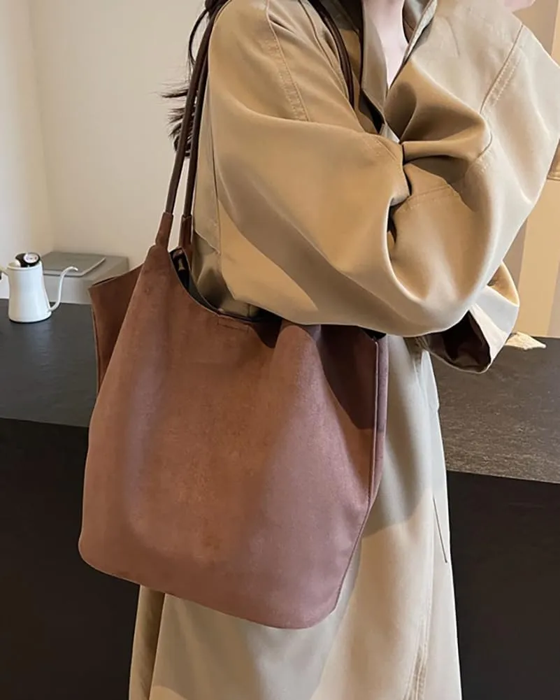Womens Soft Suede Tote Bag Faux Leather Handbag Large Vintage Top Handle Bag Bucket Shoulder Satchel 2pcs Purse