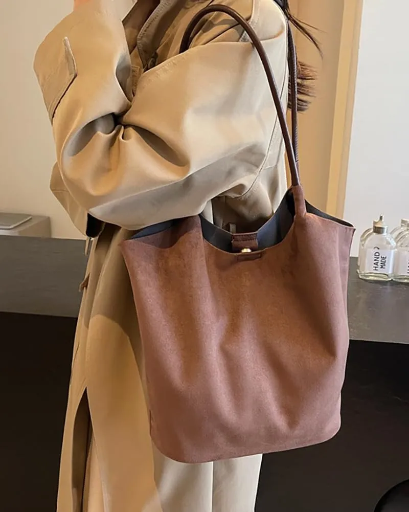 Womens Soft Suede Tote Bag Faux Leather Handbag Large Vintage Top Handle Bag Bucket Shoulder Satchel 2pcs Purse