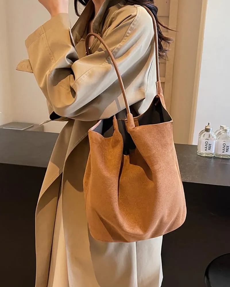 Womens Soft Suede Tote Bag Faux Leather Handbag Large Vintage Top Handle Bag Bucket Shoulder Satchel 2pcs Purse