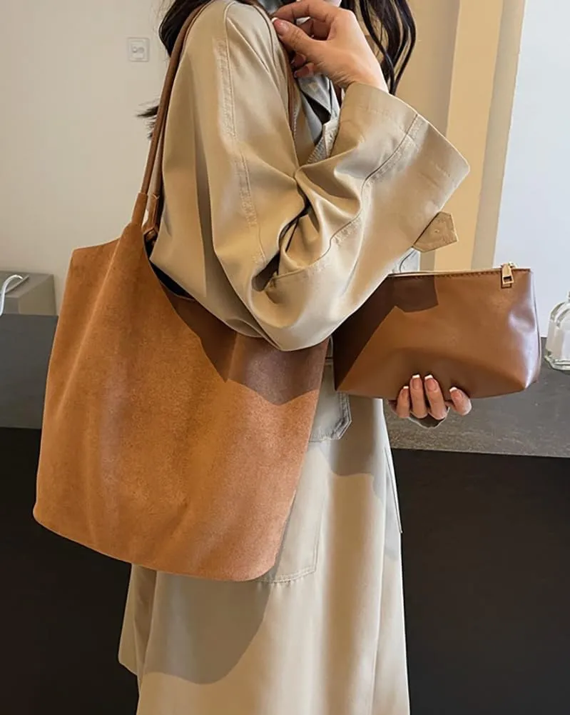 Womens Soft Suede Tote Bag Faux Leather Handbag Large Vintage Top Handle Bag Bucket Shoulder Satchel 2pcs Purse