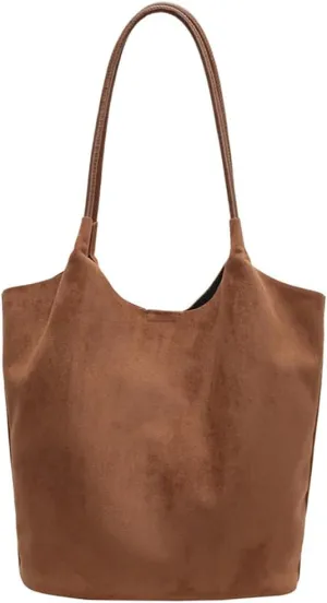 Womens Soft Suede Tote Bag Faux Leather Handbag Large Vintage Top Handle Bag Bucket Shoulder Satchel 2pcs Purse