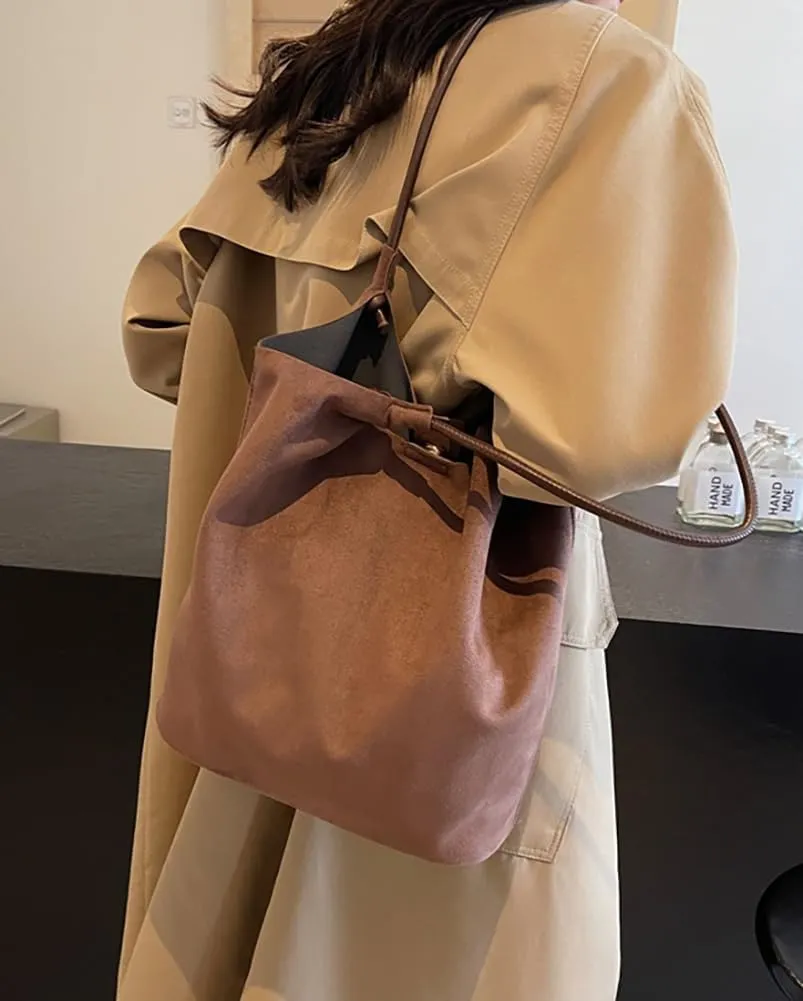 Womens Soft Suede Tote Bag Faux Leather Handbag Large Vintage Top Handle Bag Bucket Shoulder Satchel 2pcs Purse