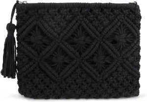 Women's Summer Beach Straw Crochet Clutch Bag Woven Envelope Tassel Bag with Zipper (Black)