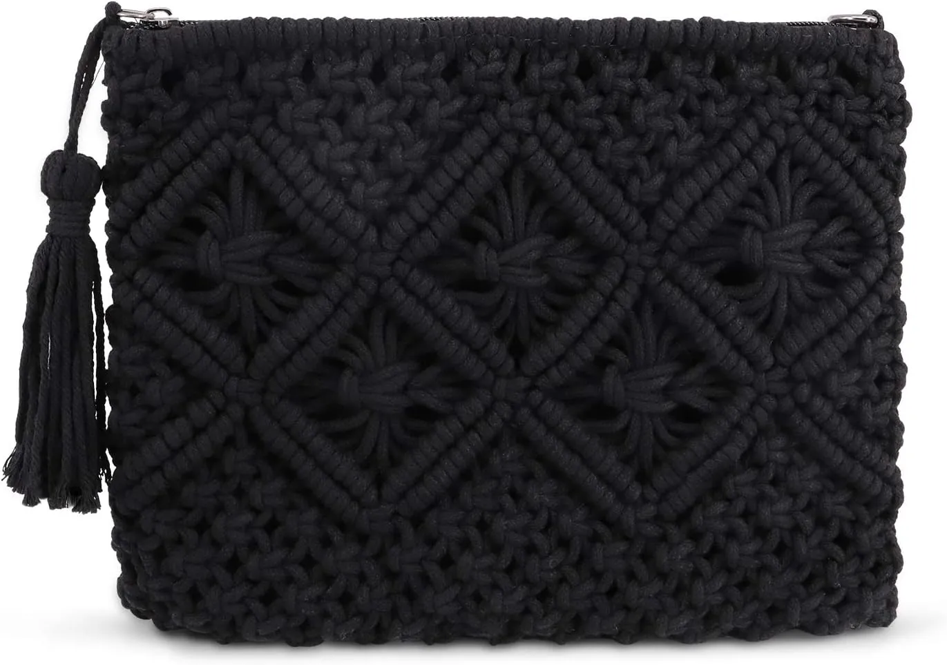 Women's Summer Beach Straw Crochet Clutch Bag Woven Envelope Tassel Bag with Zipper (Black)