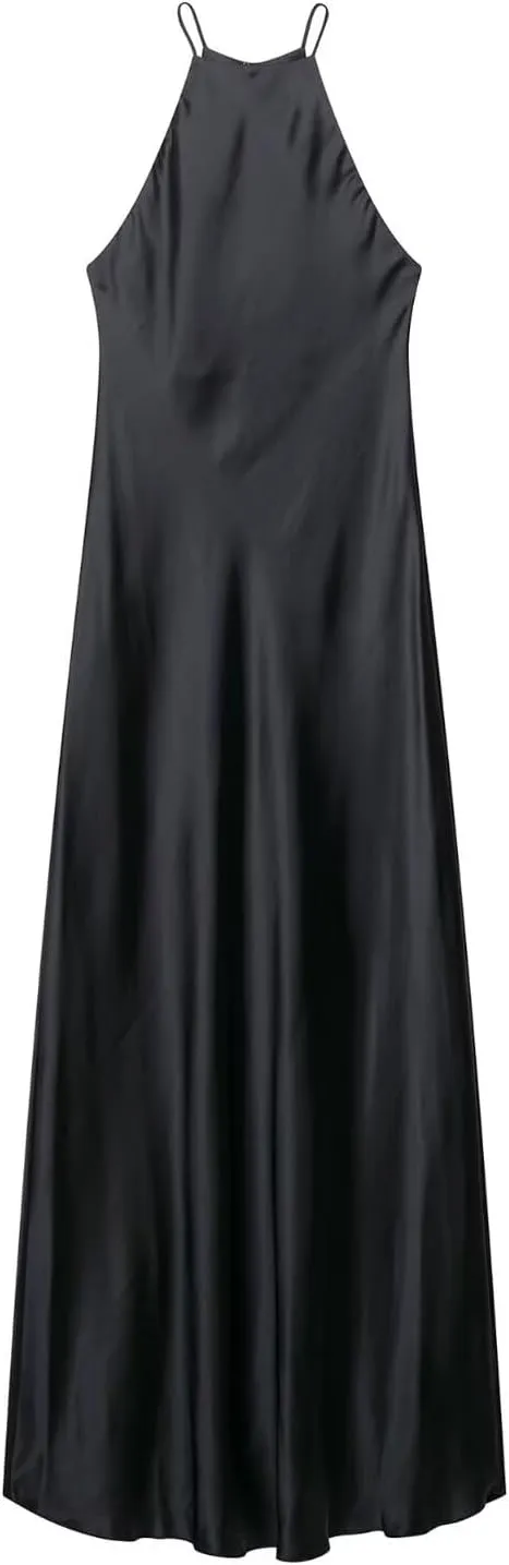 Women's Summer Halter Tie-Back Sleeveless Maxi Dress Mid Waist Bodycon A-Line