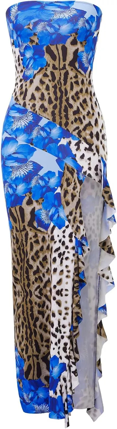 Women's Tube Top Dress Sexy Strapless Backless Mesh Patchwork High Slit Maxi Dress Boho Tropical Printed Long Dress