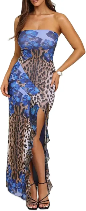 Women's Tube Top Dress Sexy Strapless Backless Mesh Patchwork High Slit Maxi Dress Boho Tropical Printed Long Dress