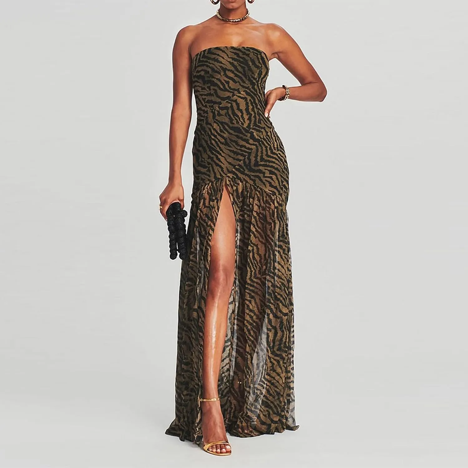 Women's Tube Top Dress Sexy Strapless Backless Mesh Patchwork High Slit Maxi Dress Boho Tropical Printed Long Dress