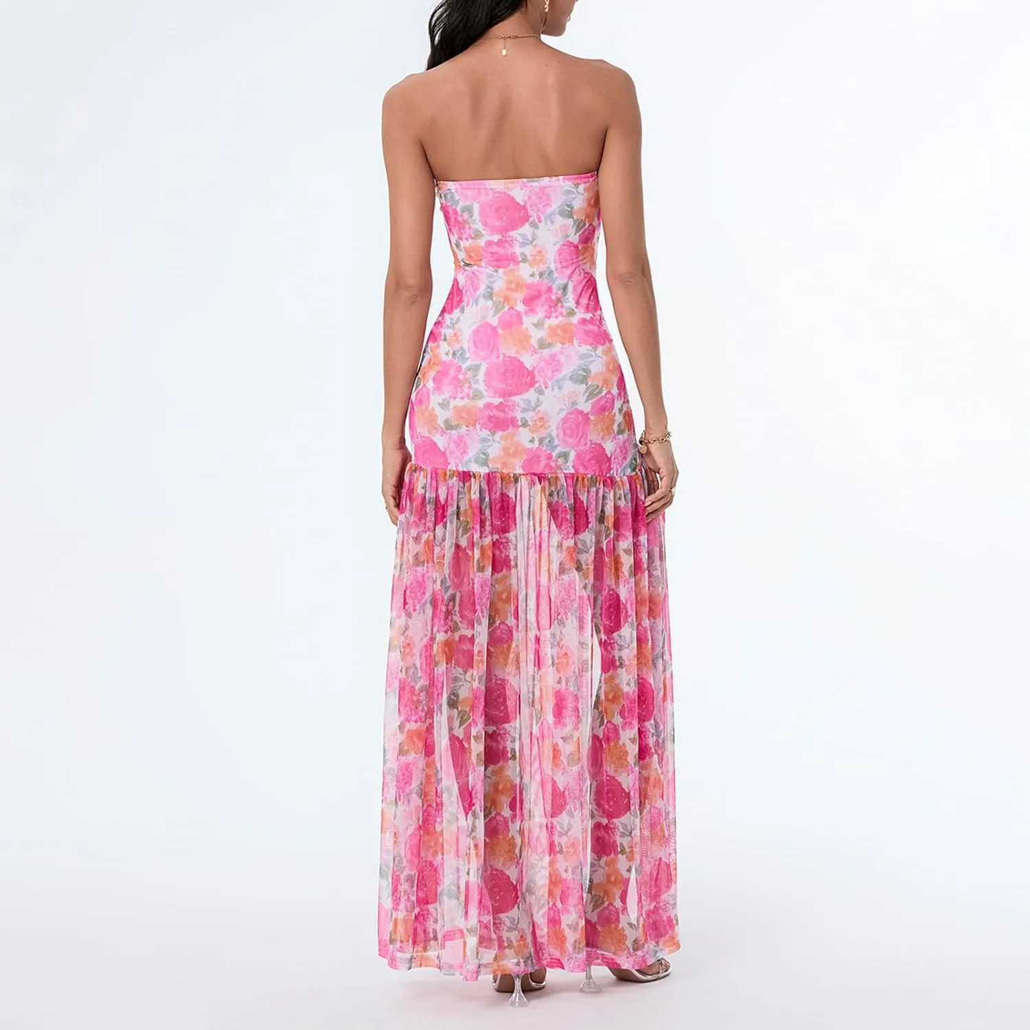 Women's Tube Top Dress Sexy Strapless Backless Mesh Patchwork High Slit Maxi Dress Boho Tropical Printed Long Dress