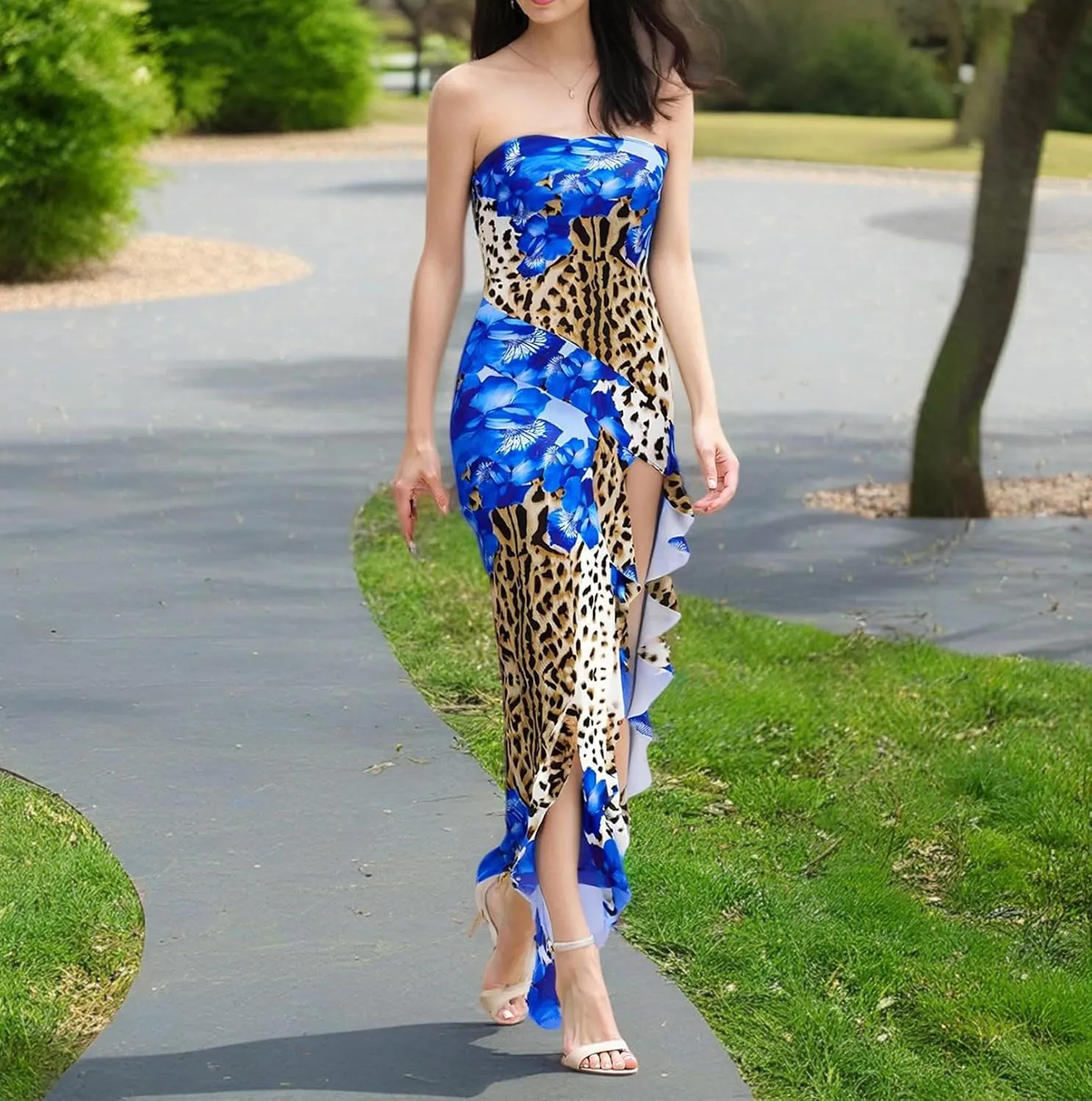 Women's Tube Top Dress Sexy Strapless Backless Mesh Patchwork High Slit Maxi Dress Boho Tropical Printed Long Dress