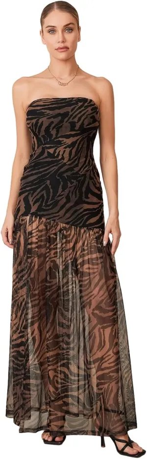Women's Tube Top Dress Sexy Strapless Mesh Backless High Slit Long Dress Summer Party Ruched Bodycon Maxi Sundress