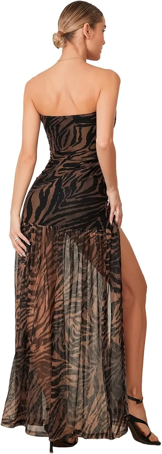 Women's Tube Top Dress Sexy Strapless Mesh Backless High Slit Long Dress Summer Party Ruched Bodycon Maxi Sundress