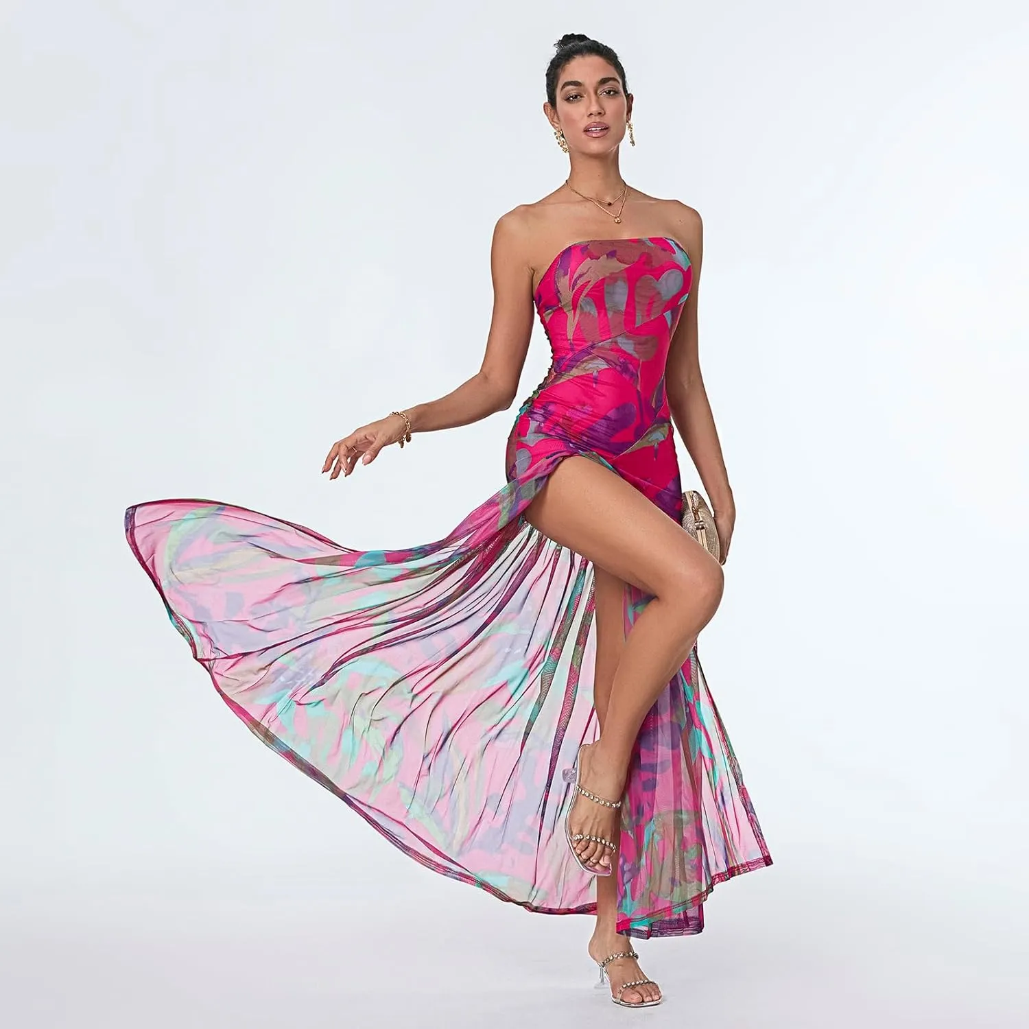 Women's Tube Top Dress Sexy Strapless Mesh Backless High Slit Long Dress Summer Party Ruched Bodycon Maxi Sundress