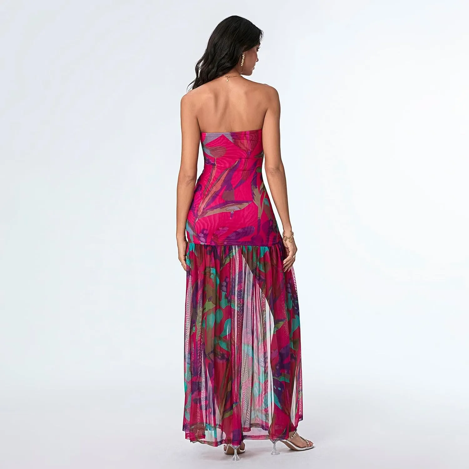 Women's Tube Top Dress Sexy Strapless Mesh Backless High Slit Long Dress Summer Party Ruched Bodycon Maxi Sundress