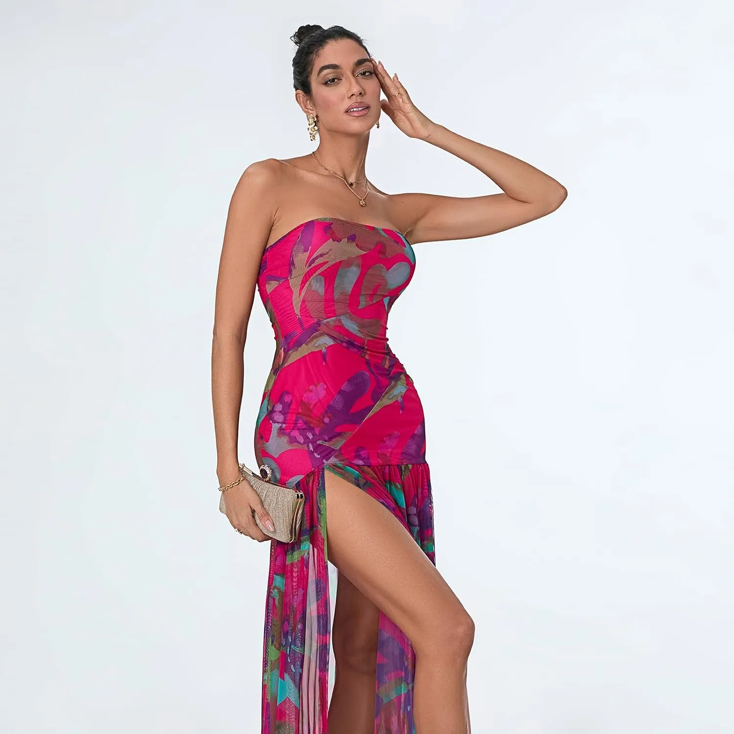 Women's Tube Top Dress Sexy Strapless Mesh Backless High Slit Long Dress Summer Party Ruched Bodycon Maxi Sundress