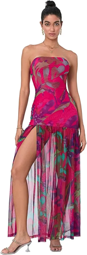 Women's Tube Top Dress Sexy Strapless Mesh Backless High Slit Long Dress Summer Party Ruched Bodycon Maxi Sundress