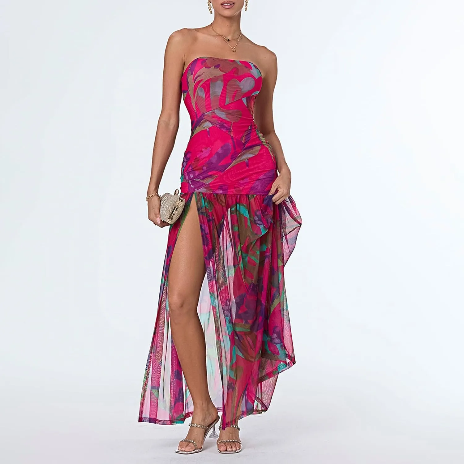 Women's Tube Top Dress Slim Strapless Backless Mesh Patchwork Tropical Leopard Print High Slit Long Dress