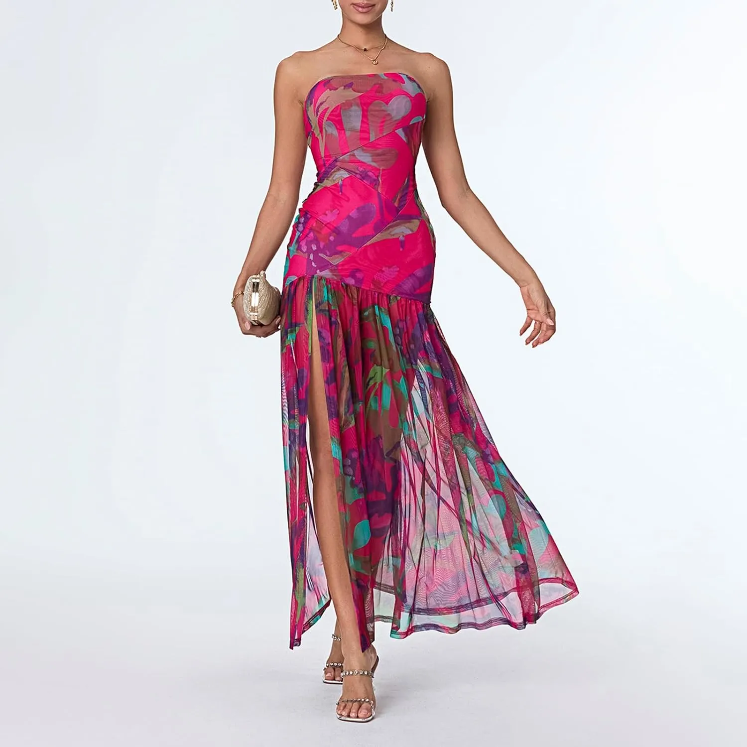 Women's Tube Top Dress Slim Strapless Backless Mesh Patchwork Tropical Leopard Print High Slit Long Dress