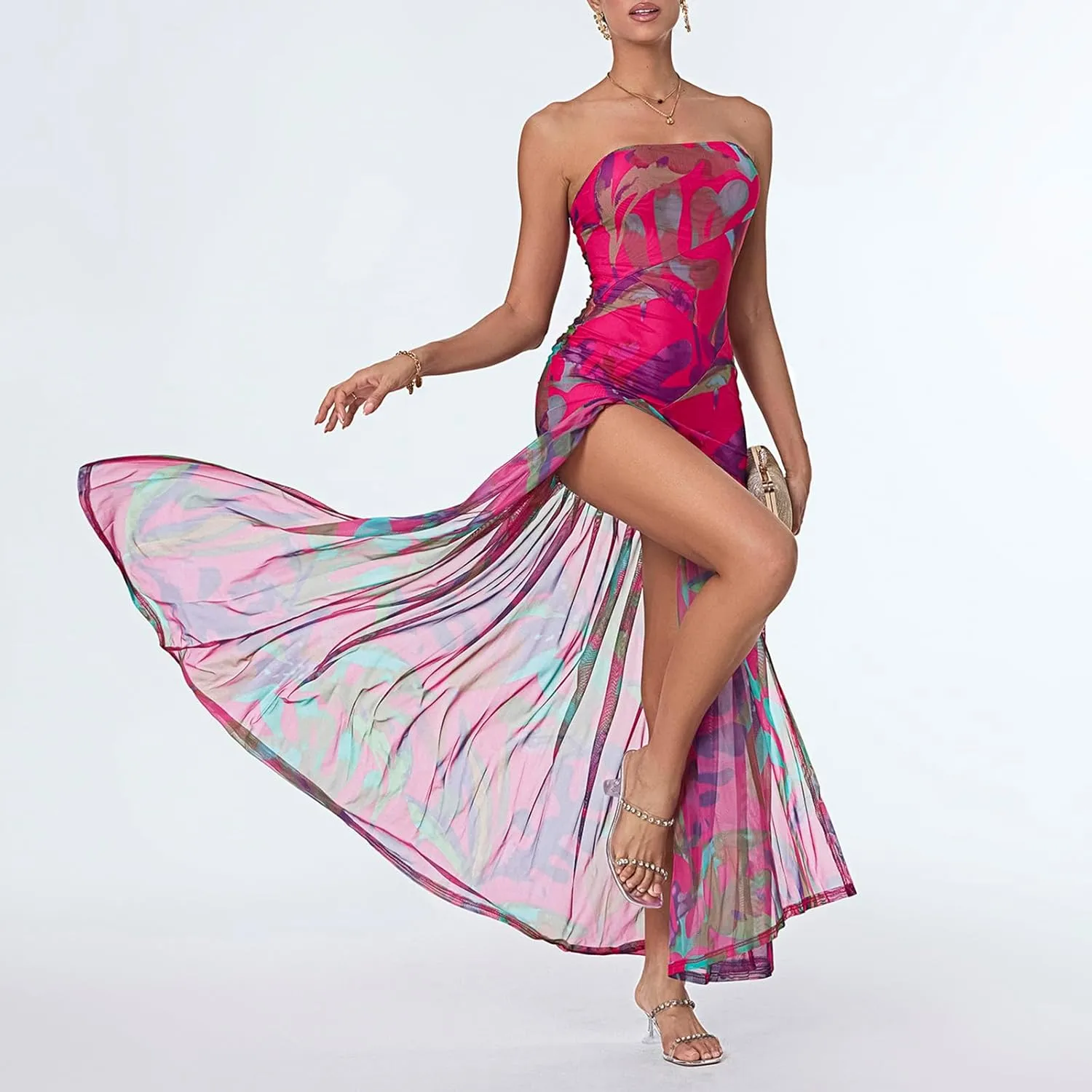 Women's Tube Top Dress Slim Strapless Backless Mesh Patchwork Tropical Leopard Print High Slit Long Dress