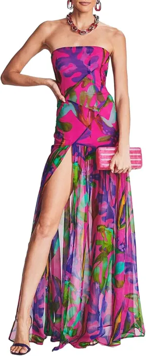 Women's Tube Top Dress Slim Strapless Backless Mesh Patchwork Tropical Leopard Print High Slit Long Dress
