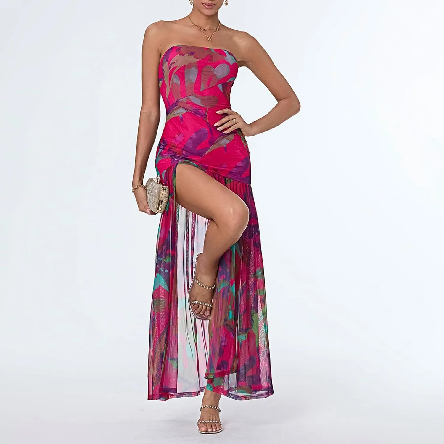 Women's Tube Top Dress Slim Strapless Backless Mesh Patchwork Tropical Leopard Print High Slit Long Dress