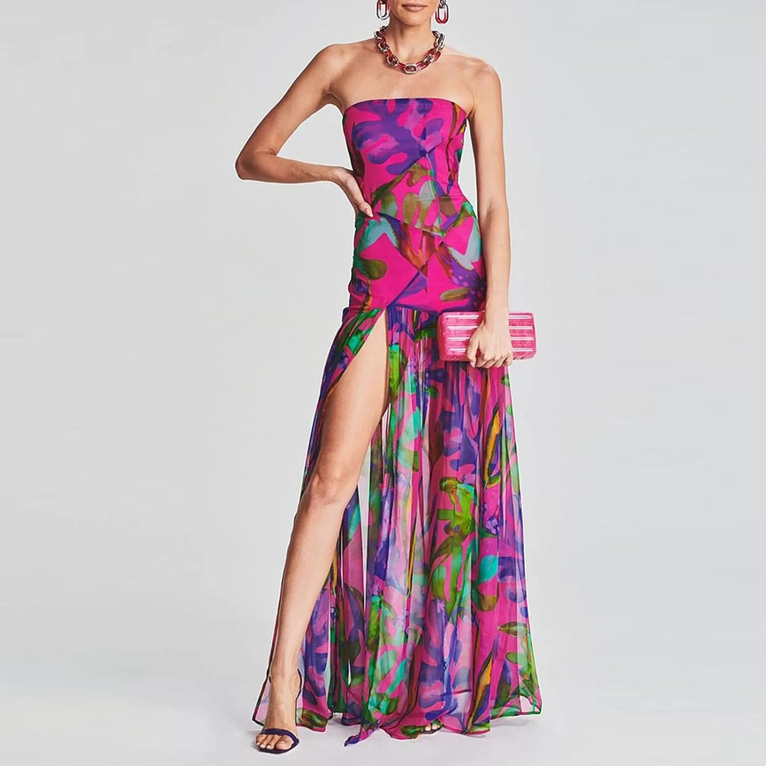Women's Tube Top Dress Slim Strapless Backless Mesh Patchwork Tropical Leopard Print High Slit Long Dress