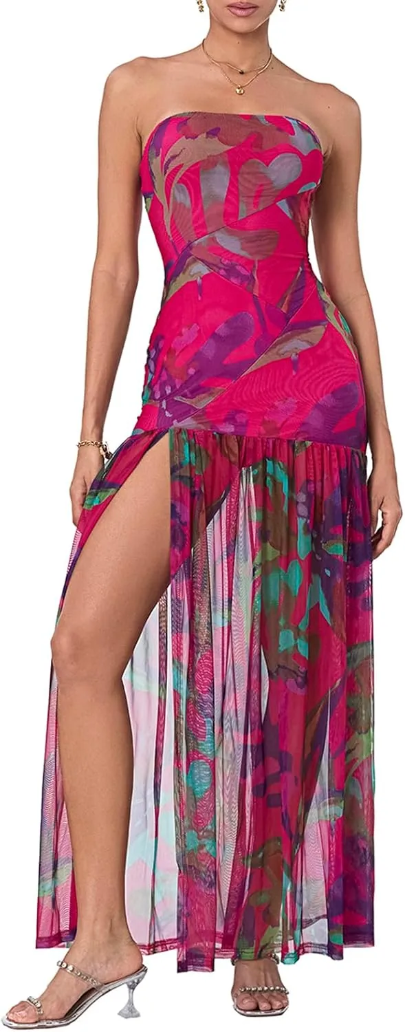 Women's Tube Top Dress Slim Strapless Backless Mesh Patchwork Tropical Leopard Print High Slit Long Dress