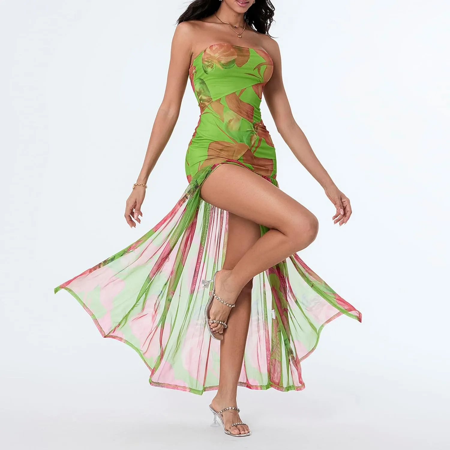 Women's Tube Top Slim Strapless Backless Mesh Patchwork Tropical Leopard Print High Slit Long Dress for Party Club Night