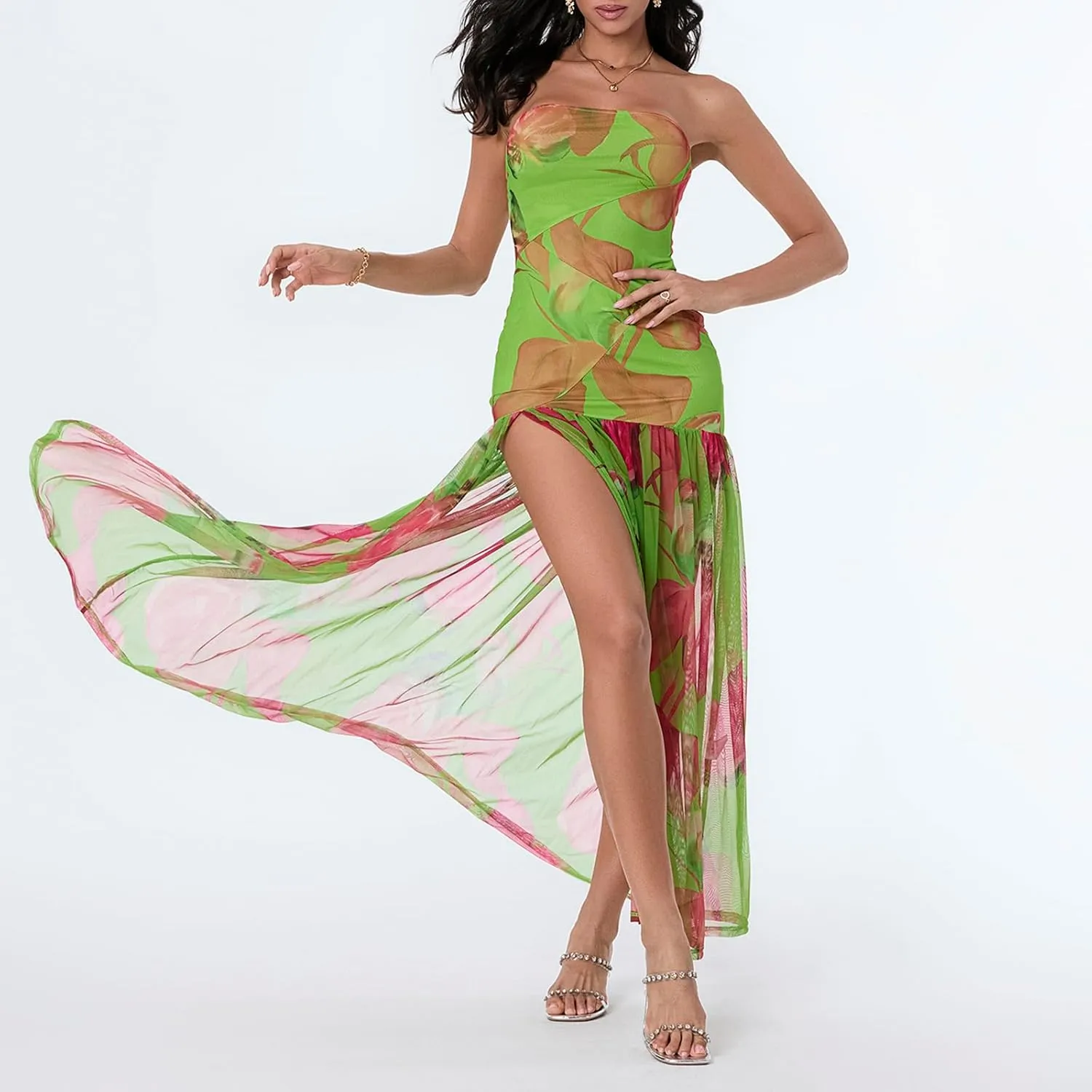 Women's Tube Top Slim Strapless Backless Mesh Patchwork Tropical Leopard Print High Slit Long Dress for Party Club Night