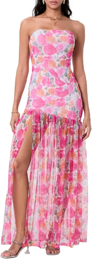 Women's Tube Top Slim Strapless Backless Mesh Patchwork Tropical Leopard Print High Slit Long Dress for Party Club Night