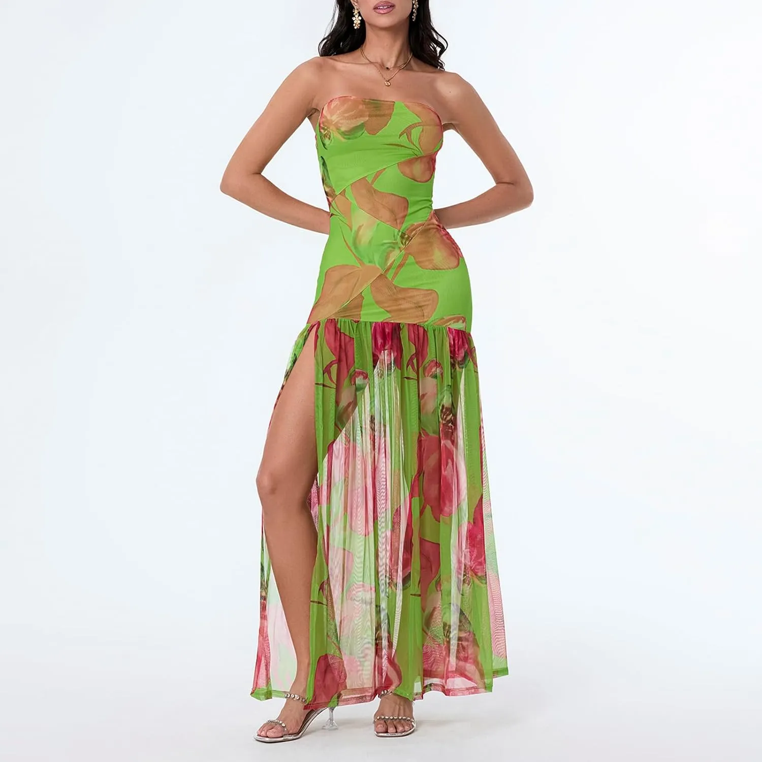 Women's Tube Top Slim Strapless Backless Mesh Patchwork Tropical Leopard Print High Slit Long Dress for Party Club Night