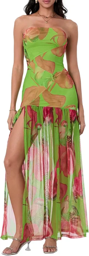 Women's Tube Top Slim Strapless Backless Mesh Patchwork Tropical Leopard Print High Slit Long Dress for Party Club Night