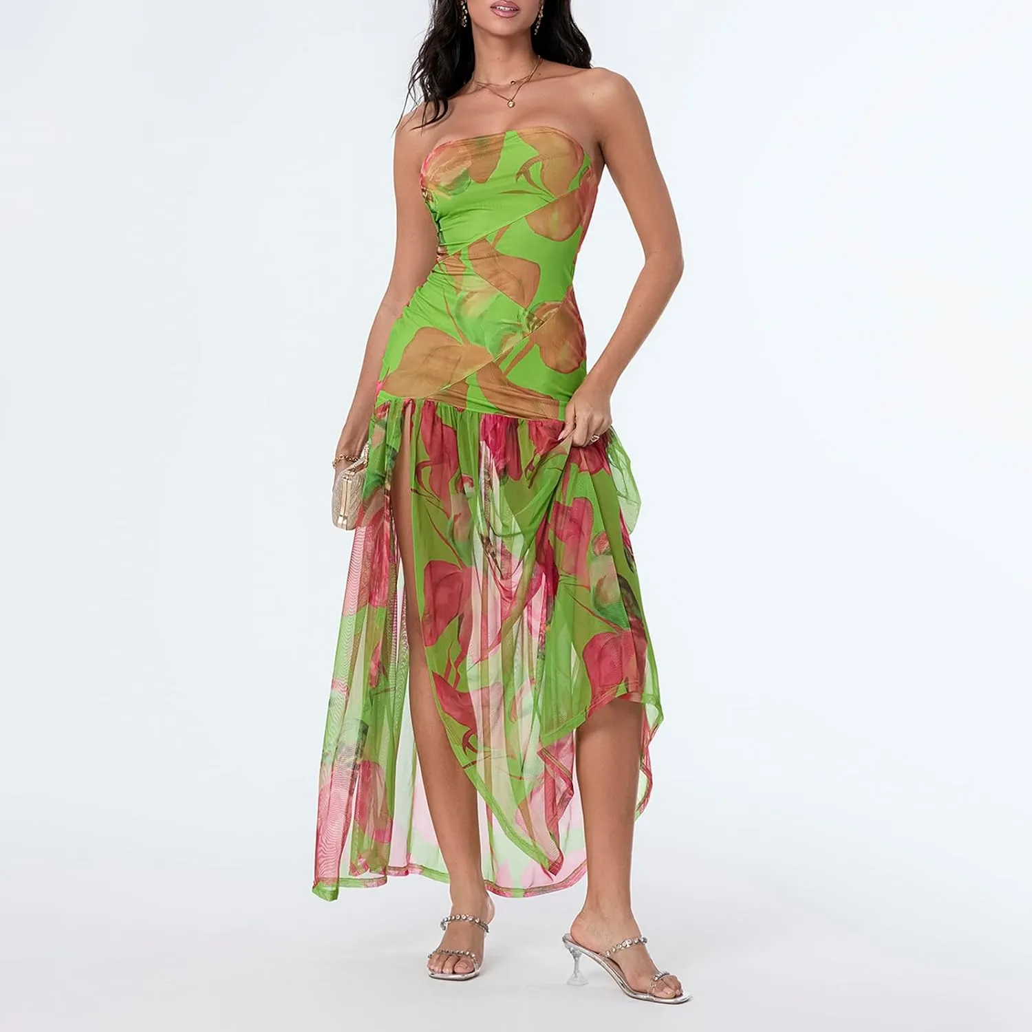 Women's Tube Top Slim Strapless Backless Mesh Patchwork Tropical Leopard Print High Slit Long Dress for Party Club Night