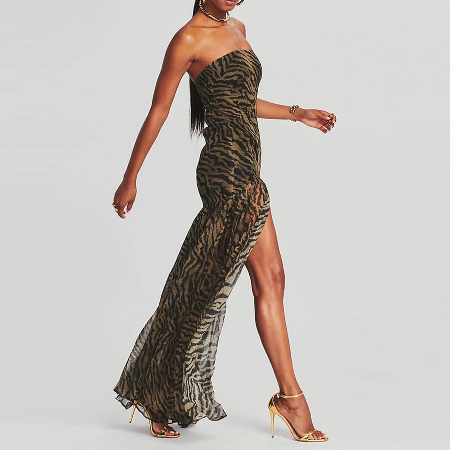 Women's Tube Top Slim Strapless Backless Mesh Patchwork Tropical Leopard Print High Slit Long Dress for Party Club Night