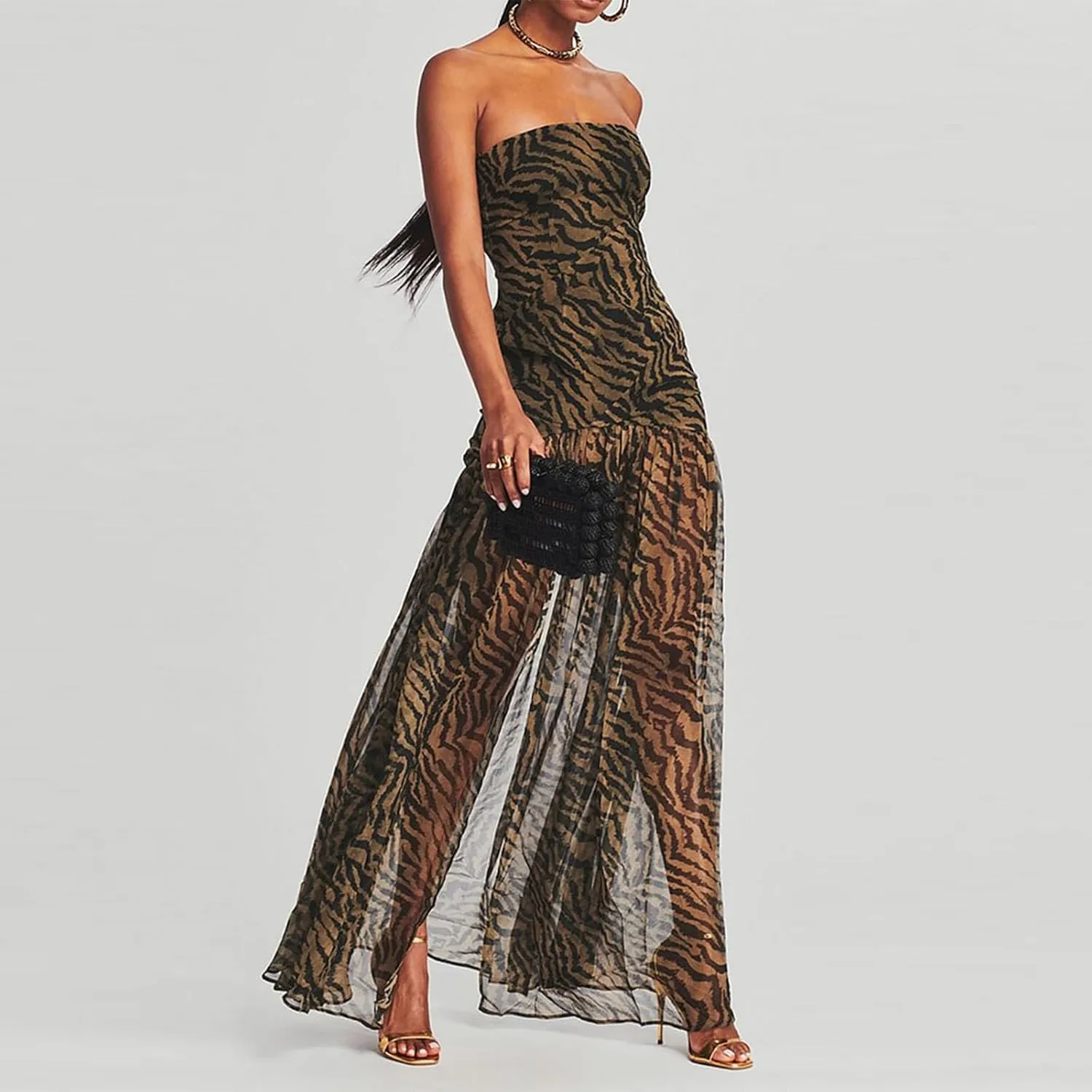 Women's Tube Top Slim Strapless Backless Mesh Patchwork Tropical Leopard Print High Slit Long Dress for Party Club Night