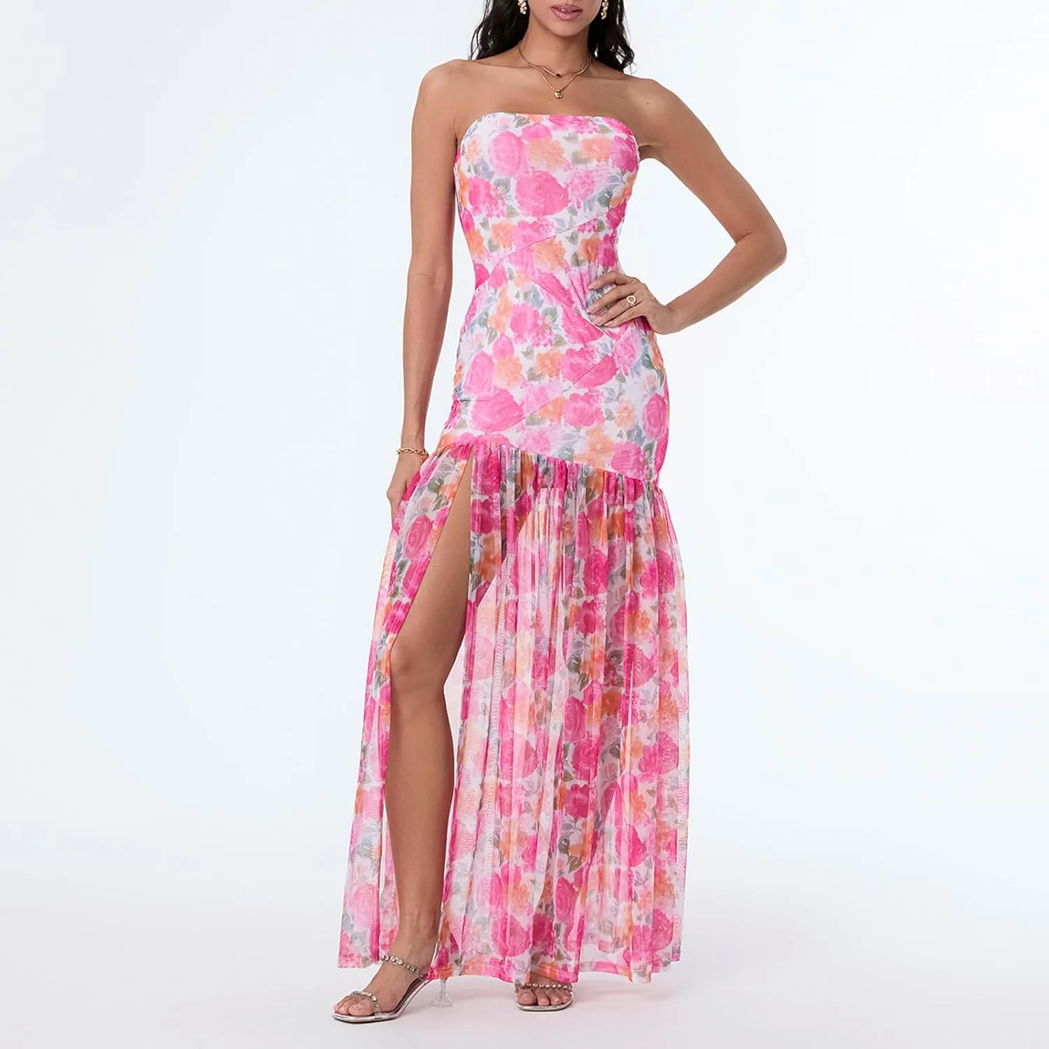Women's Tube Top Slim Strapless Backless Mesh Patchwork Tropical Leopard Print High Slit Long Dress for Party Club Night