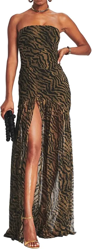 Women's Tube Top Slim Strapless Backless Mesh Patchwork Tropical Leopard Print High Slit Long Dress for Party Club Night