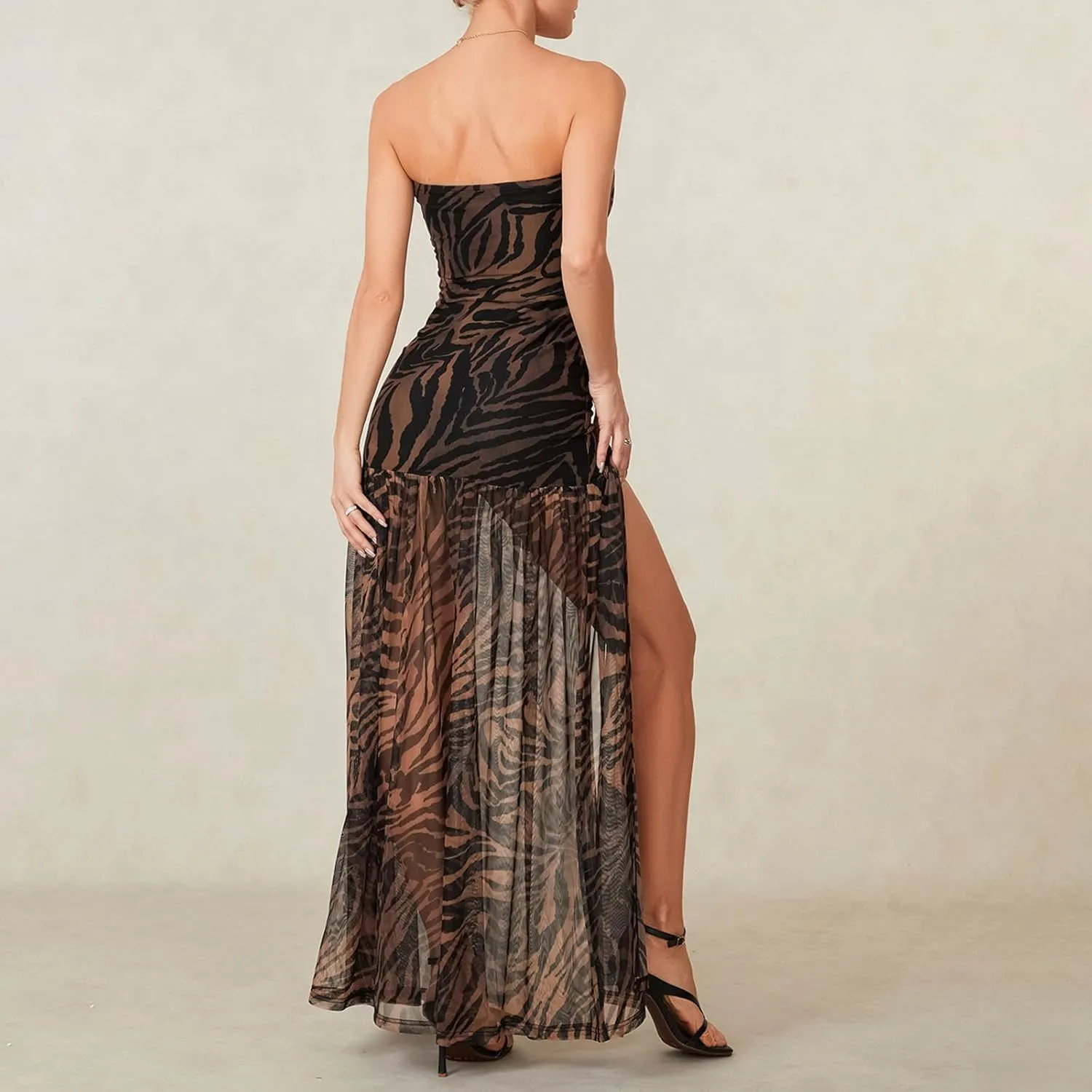 Women's Tube Top Slim Strapless Backless Mesh Patchwork Tropical Leopard Print High Slit Long Dress for Party Club Night