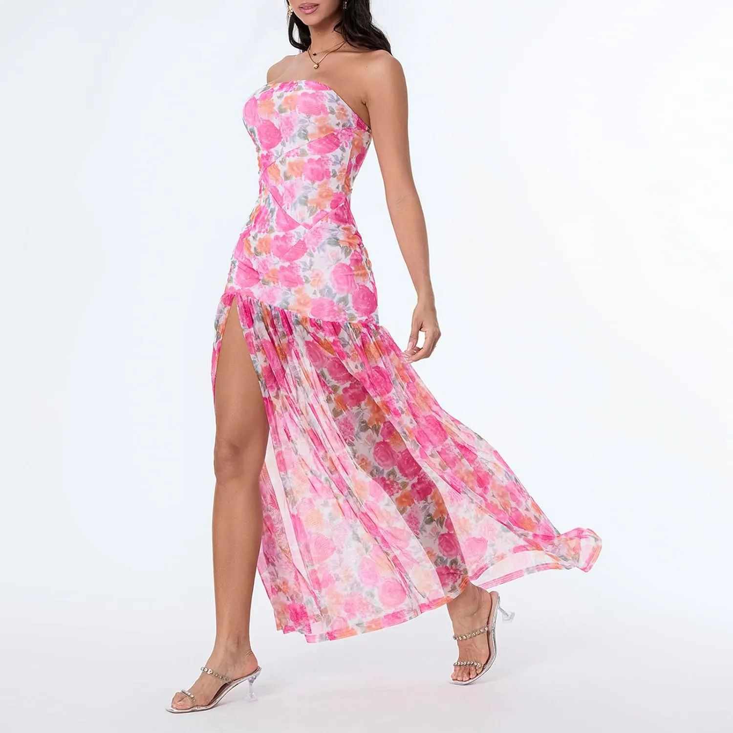 Women's Tube Top Slim Strapless Backless Mesh Patchwork Tropical Leopard Print High Slit Long Dress for Party Club Night