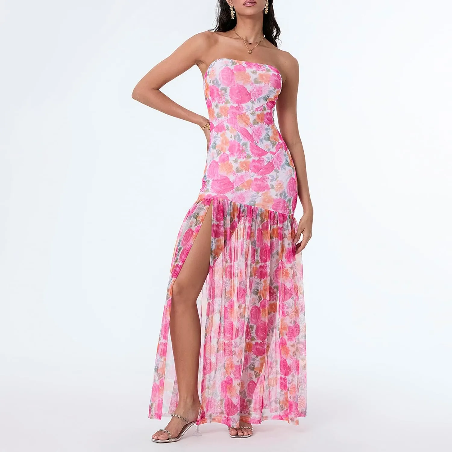 Women's Tube Top Slim Strapless Backless Mesh Patchwork Tropical Leopard Print High Slit Long Dress for Party Club Night
