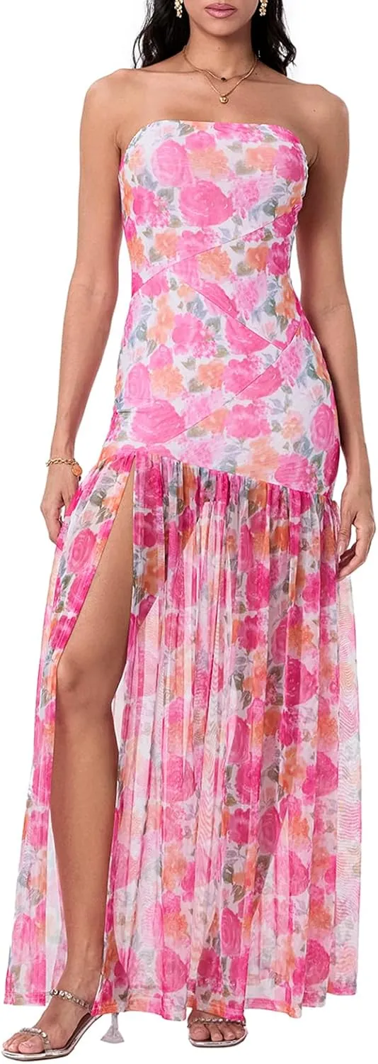 Women's Tube Top Slim Strapless Backless Mesh Patchwork Tropical Leopard Print High Slit Long Dress for Party Club Night