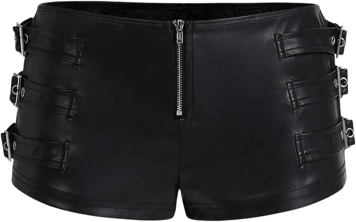 Women's Y2K Faux Leather Shorts Low Waist Metal Buckle Skinny Mini Shorts Party Outfit