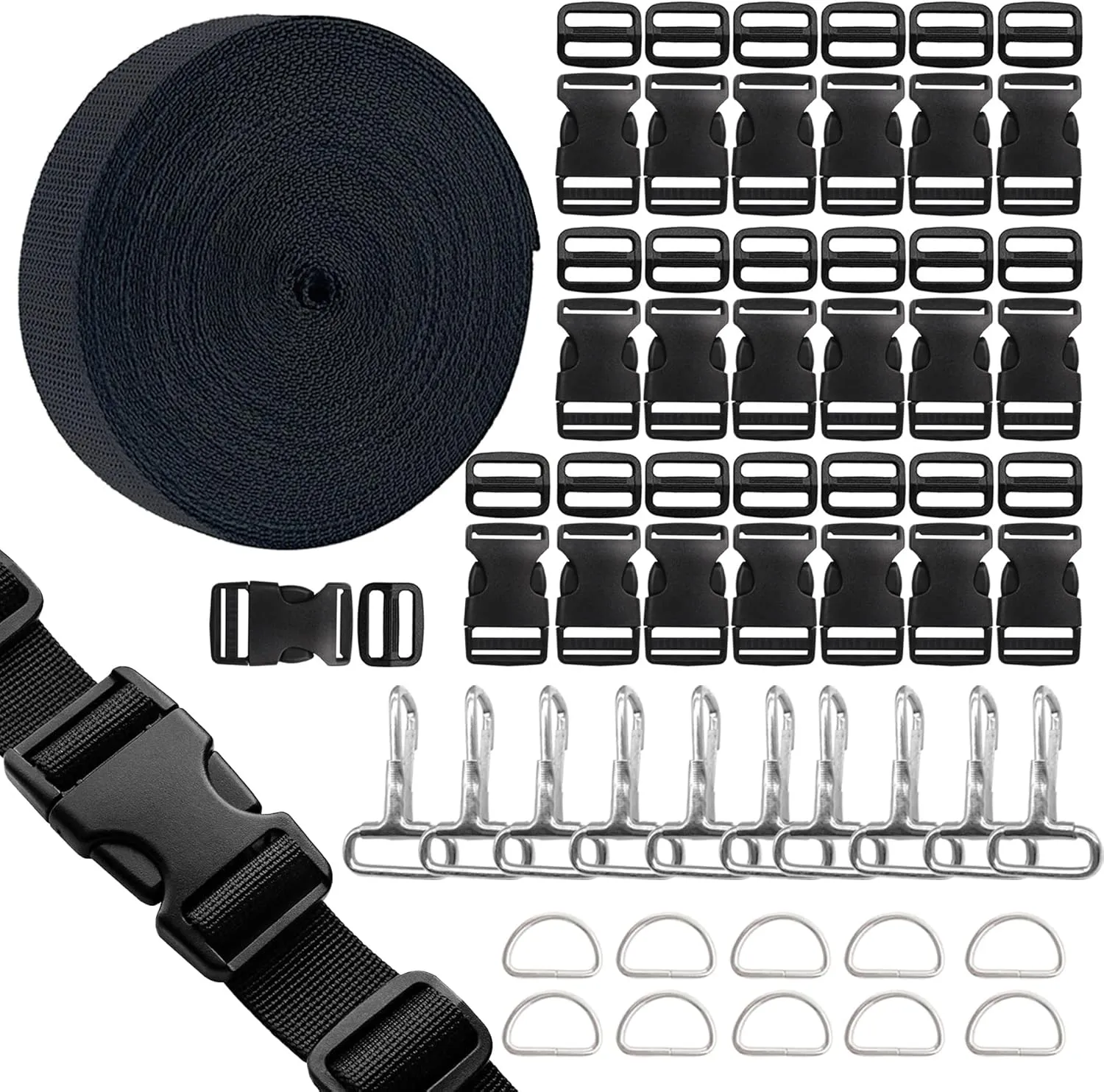 Woohome 20 Set Black Plastic Flat Side Release Buckles and Tri-Glide Slides with 17 Yards Nylon Webbing Straps, 10 Set D Rings and Snap Hooks for Luggage Straps Belt Handles Pet Collar