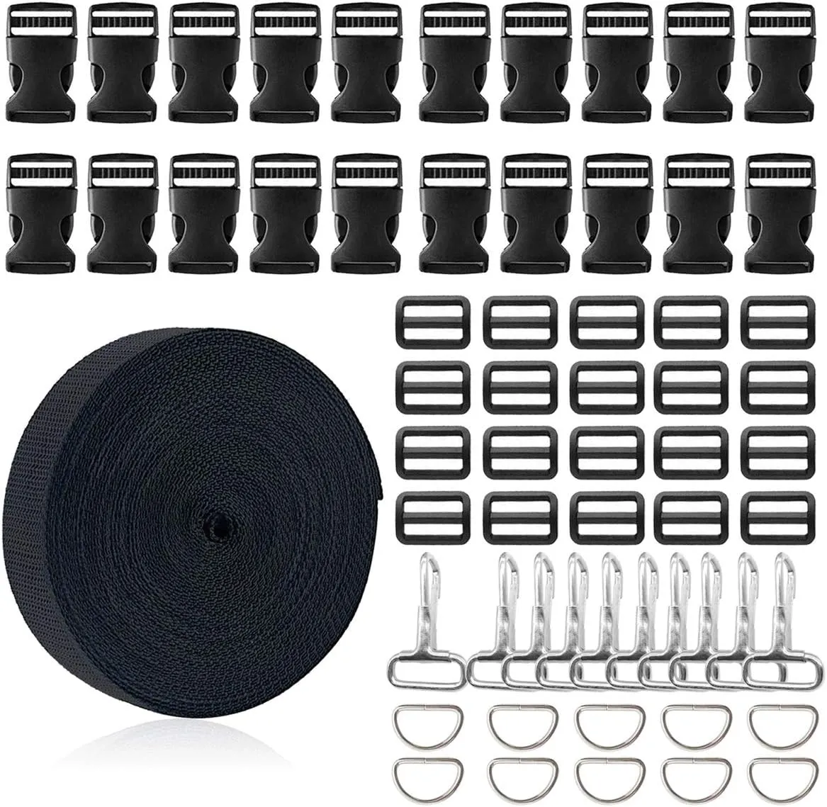 Woohome 20 Set Black Plastic Flat Side Release Buckles and Tri-Glide Slides with 17 Yards Nylon Webbing Straps, 10 Set D Rings and Snap Hooks for Luggage Straps Belt Handles Pet Collar