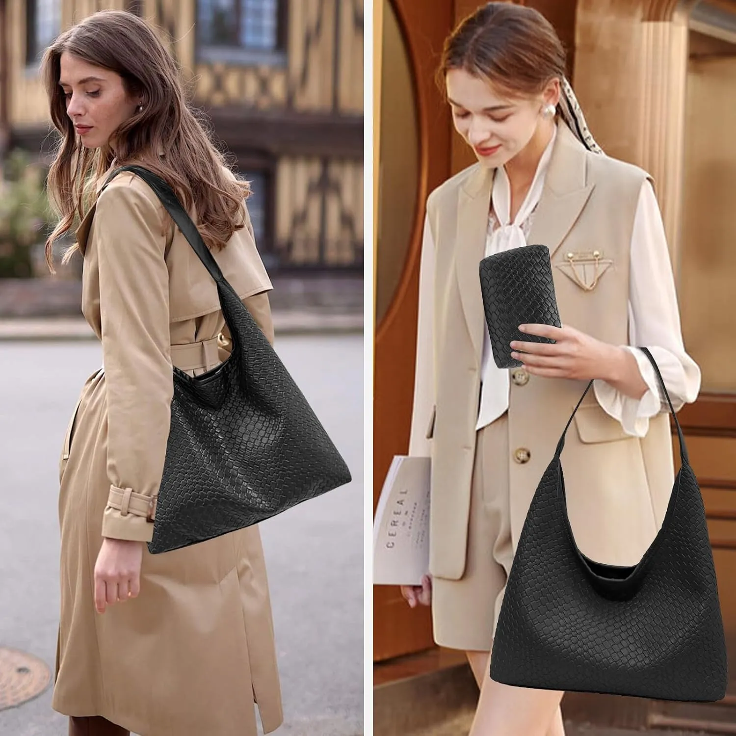Woven Shoulder Bags for Women 2 PCS Small Leather Hobo Handbag Trendy Underarm Purse Fall Slouchy Tote Bag 2025