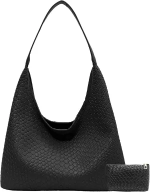 Woven Shoulder Bags for Women 2 PCS Small Leather Hobo Handbag Trendy Underarm Purse Fall Slouchy Tote Bag 2025