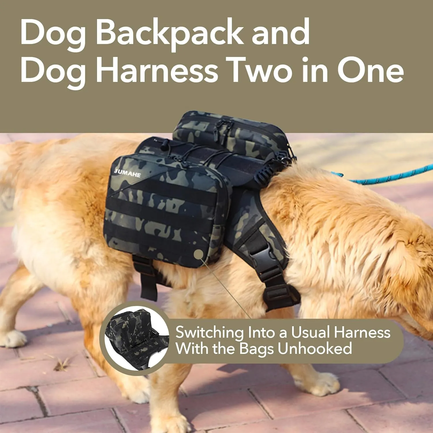 x Jumahe Dog Hiking Backpack, for Large - Giant Dogs, Dog Hiking Back Pack, 5 Adjustable Buckles, Large Capacity 2 Spacious Side Bags, Breathable Waterproof Fabric (Khaqi)
