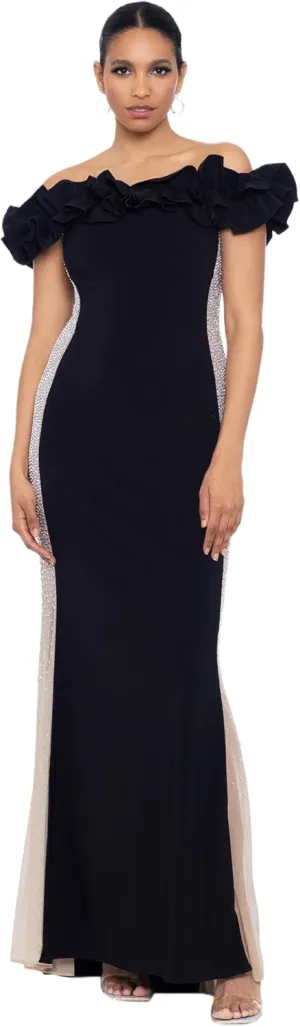 Xscape Women's Long Off The Shoulder Ruffle Beaded Mesh Back Dress