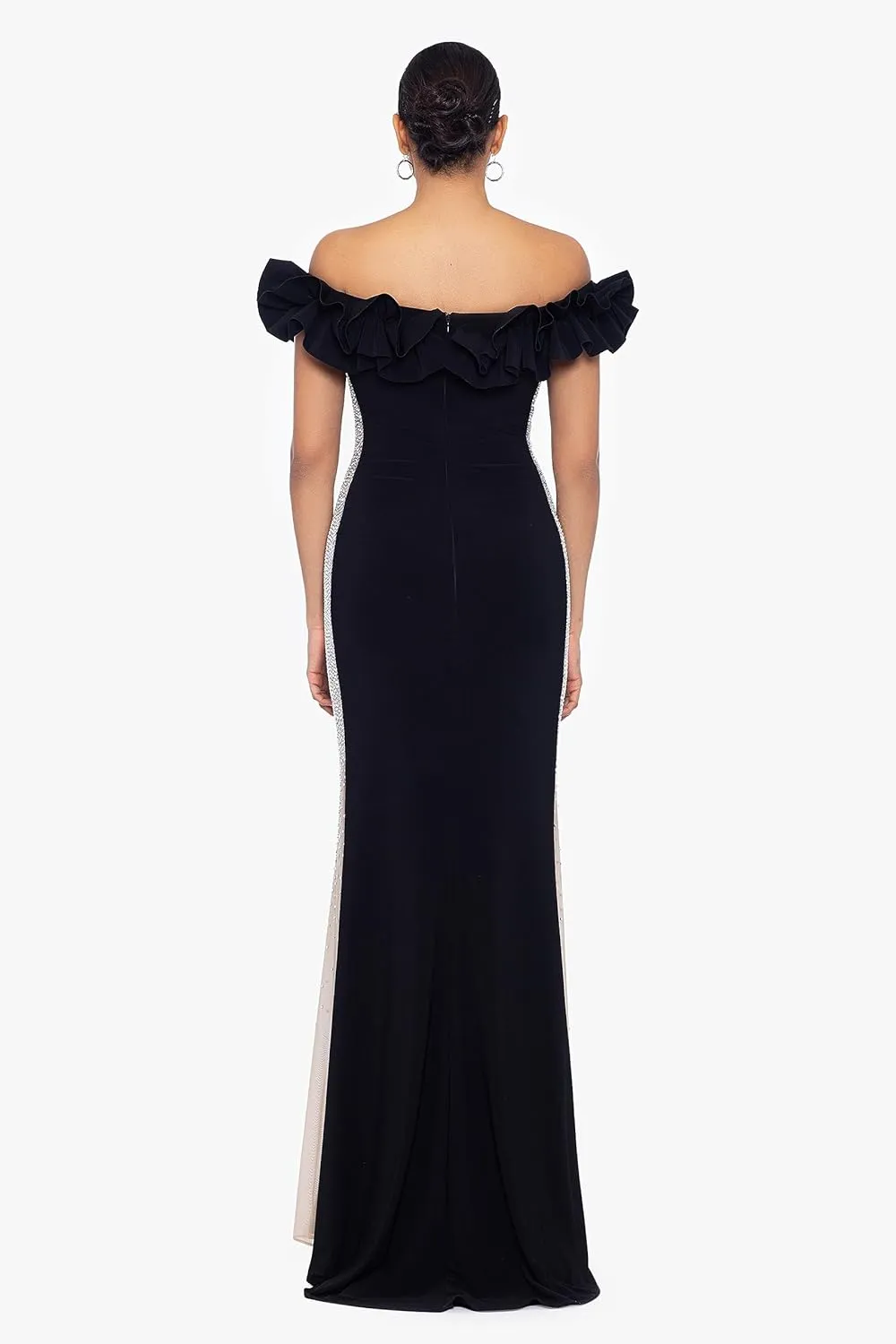 Xscape Women's Long Off The Shoulder Ruffle Beaded Mesh Back Dress